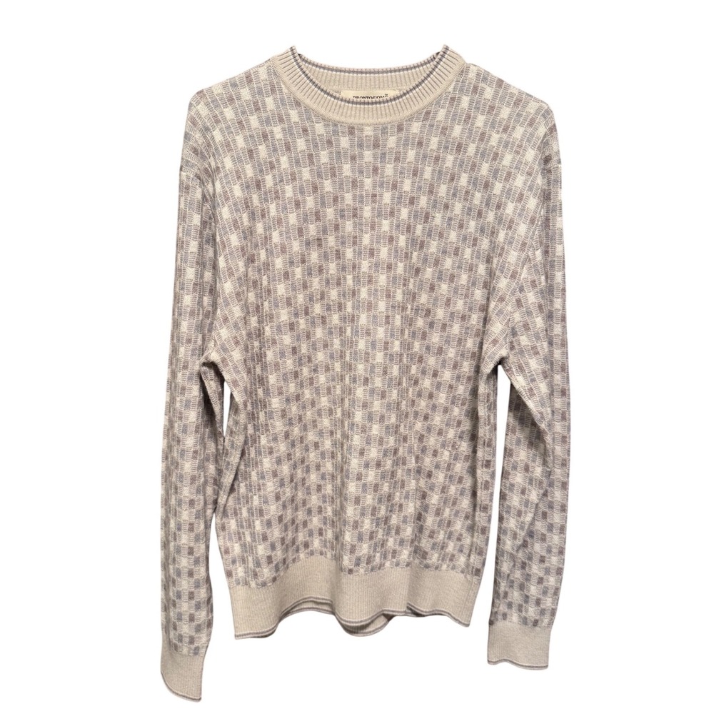 Pronto Uomo Mens Medium Wool Blend Checkered Crew Neck Sweater Beige Gray M